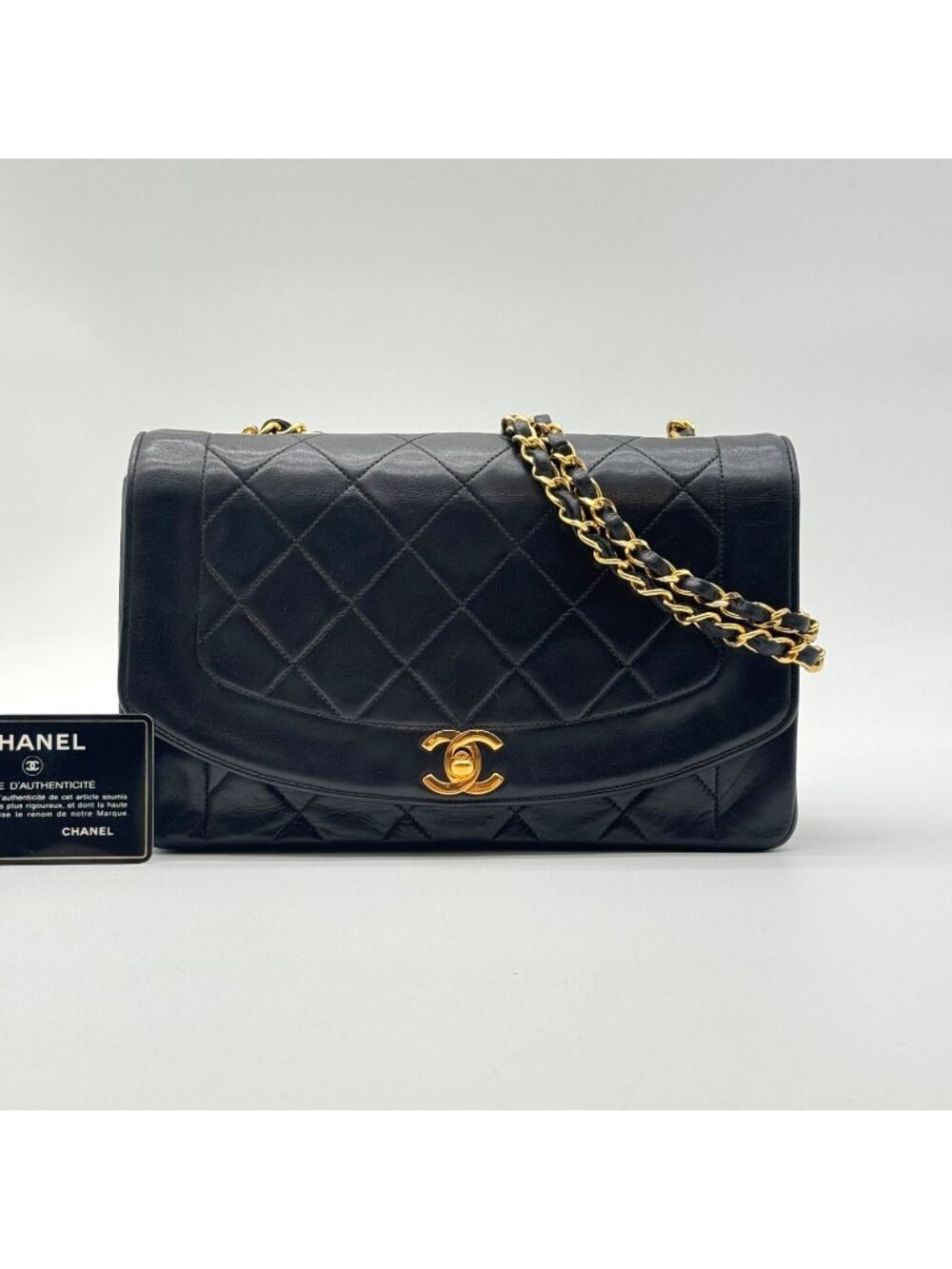 Chanel Large Shoulder Bag Diana Flap Quilted Black Leather CC Logo Turnlock